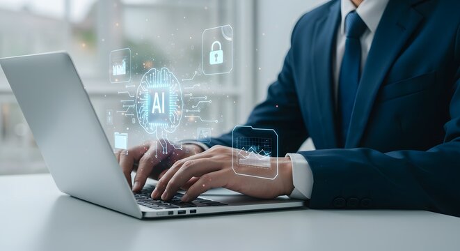 AI Technology in Business: Businessman Working on Laptop with Artificial Intelligence Brain and Data Analysis