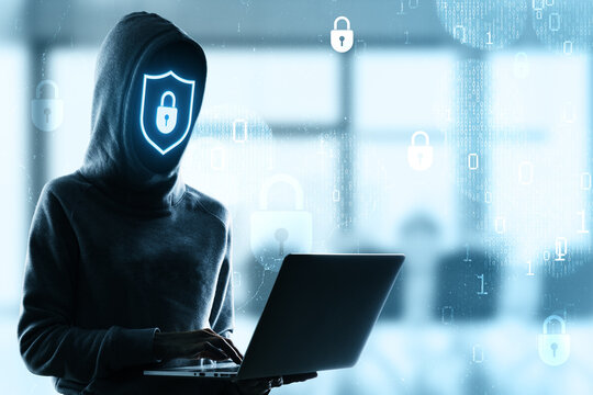 Cybersecurity hacker with hood and digital shield lock icon using laptop in virtual data protection environment with binary code background. - Powered by Adobe