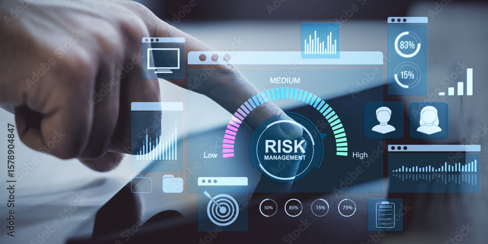 Poster risk management dashboard interface with financial data analytics and business control displayed on 