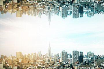 Surreal mirrored city skyline at sunrise with bright atmospheric light and urban architecture on...