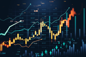 Fototapeta premium Dynamic financial chart with glowing forex and stock index data on a modern digital interface with upward growth arrows on dark background. 3D Rendering