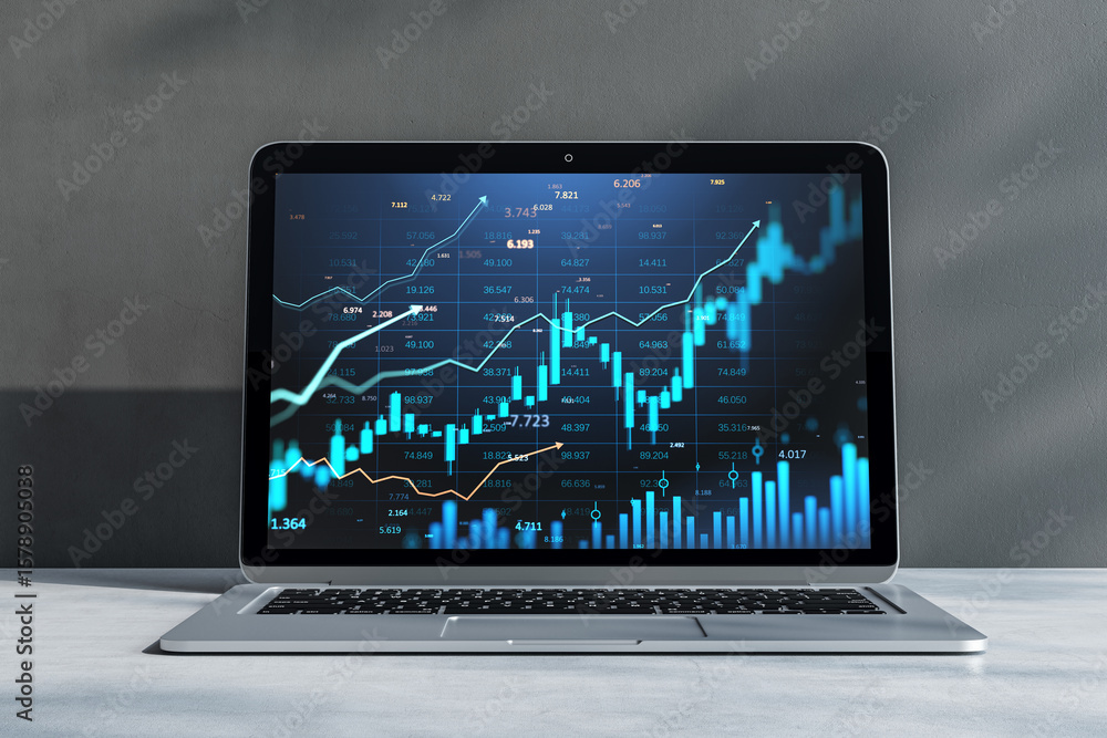 Poster digital stock market chart displayed on modern laptop screen on desk with financial graphs and data 