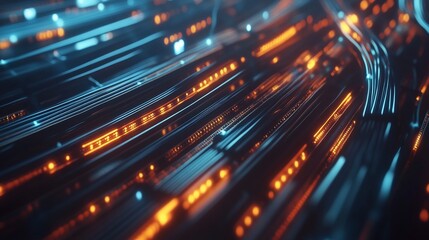Abstract aerial view of illuminated data cables conveying information through fiber optics network