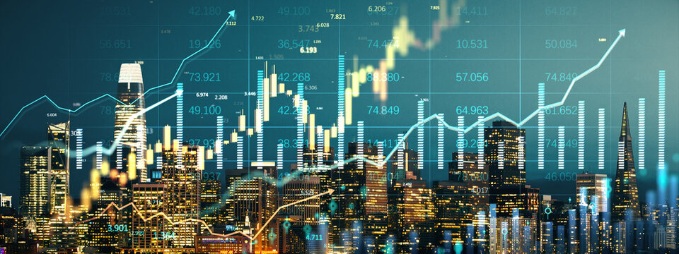 San Francisco cityscape with financial market data charts and graphs overlay showing real estate investment growth trends at night in California.