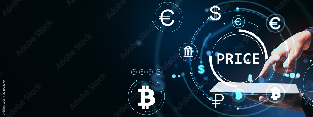 Poster digital currency exchange concept with price data and financial symbols on virtual interface accesse