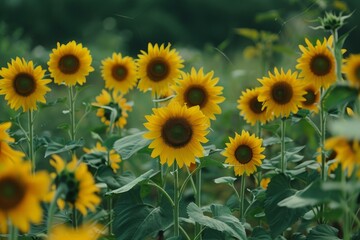 Obraz premium Beautiful yellow sunflowers growing in a field, illuminated by the warm summer sun