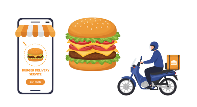 Illustration Food Delivery on Mobile App with Burger Motorcycle and Courier