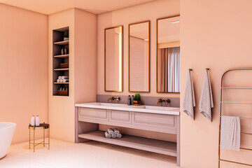 Modern luxury bathroom interior with twin sinks, mirrors, soft lighting, and organized shelving in a stylish peach-toned design. 3D Rendering