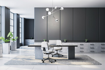 Modern executive office interior with minimalist luxury furniture, sleek grey walls, and large windows creating a clean and upscale workspace. 3D Rendering