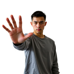 Naklejka premium Young man gestures with hand to signal stop against a Transparent background