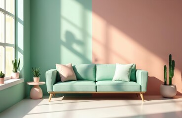 Modern pastel living room interior. Mint green sofa with pillows stands near window and plants. Pink wall, sun shadows. Minimalist design, light, airy space, home decor.