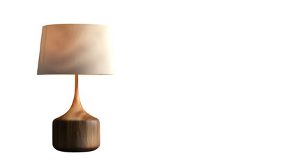 A wooden lamp with a white lampshade is illuminated against a stark transparent background in a studio setting
