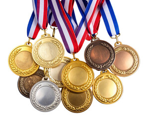 Stacked Arrangement of Gold, Silver, and Bronze Medals on Dark Velvet Cloth, Top View, PNG.
