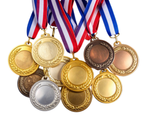 Stacked Arrangement of Gold, Silver, and Bronze Medals on Dark Velvet Cloth, Top View, PNG.