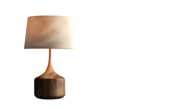 A wooden lamp with a white lampshade is illuminated against a stark transparent background in a studio setting