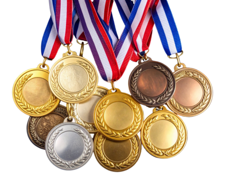 Stacked Arrangement of Gold, Silver, and Bronze Medals on Dark Velvet Cloth, Top View, PNG.