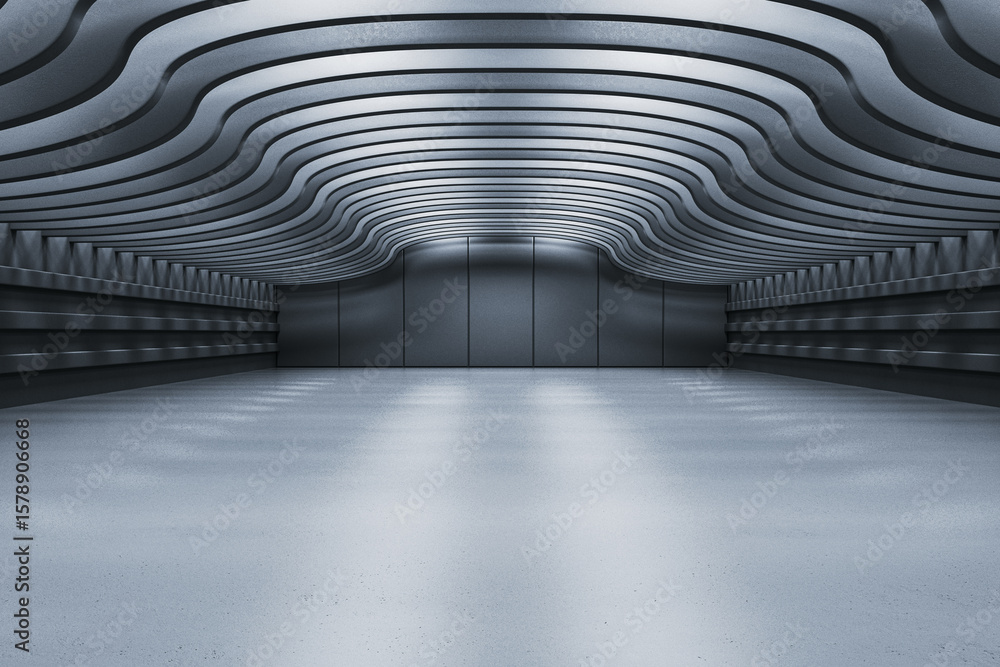 Poster futuristic empty interior room with wavy metallic ceiling and gray floor for abstract architectural 