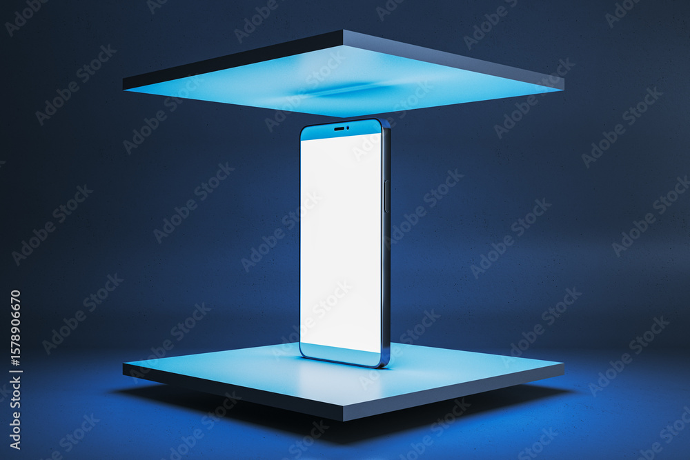 Poster modern smartphone with blank screen displayed between two glowing panels on dark blue background for