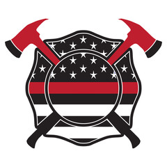 Firefighter Maltese cross emblem with American flag and axe. Honoring firefighters with black and white flag and red stripe