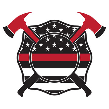 Firefighter Maltese cross emblem with American flag and axe. Honoring firefighters with black and white flag and red stripe