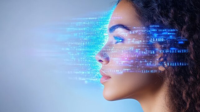 Future Vision: woman's face integrated with flowing digital data streams, embodying the convergence of human innovation and technology, vision, embodying.