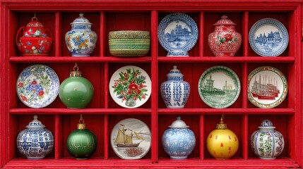 Decorative ceramic plates, bowls, and ornaments in a red wooden display case