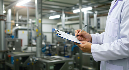 A person in a lab coat writing on a clipboard in a factory with machinery in the background