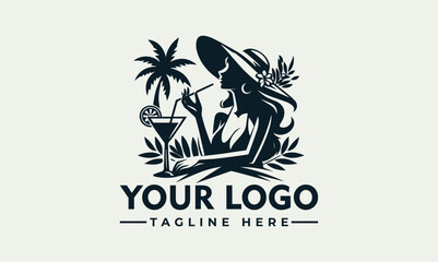 Elegant woman silhouette enjoying a cocktail under a palm tree, tropical logo design.
