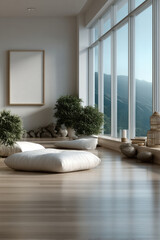 Fototapeta premium Minimalist meditation room with large window, mountain view, soft floor cushion, indoor plant, natural light, peaceful and serene atmosphere