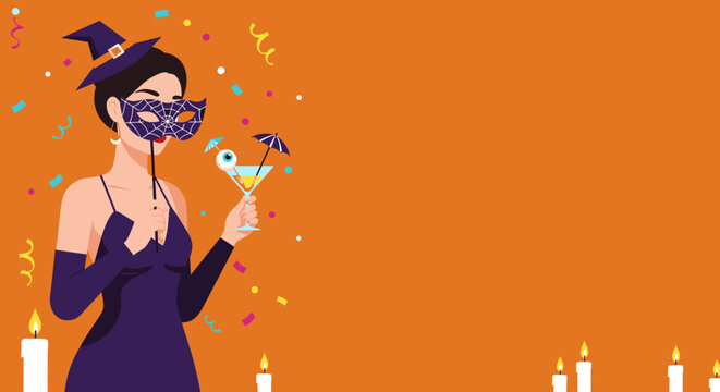 Stylish Halloween woman with mask and cocktail for party invitations, event promotions, and festive decor