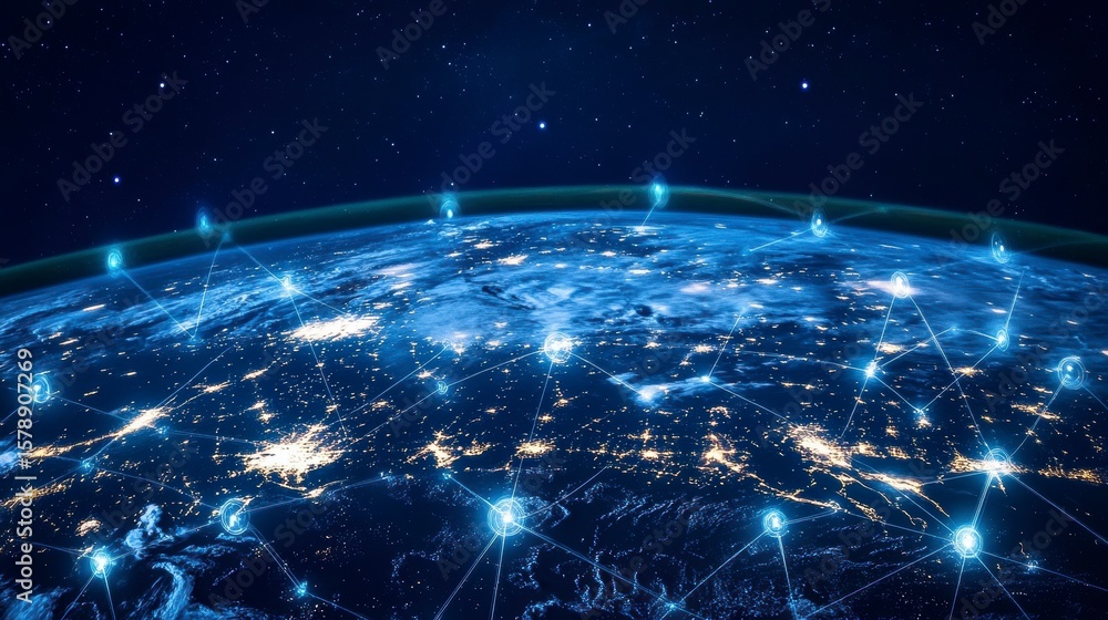 Poster global network connection, illuminated earth at night showing data streams.