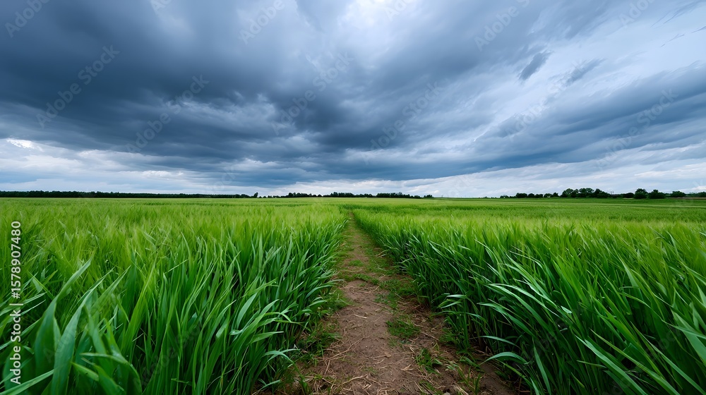 Poster stormy landscape with a path through a verdant field