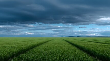 Scenic countryside landscape with lush green fields and dramatic sky