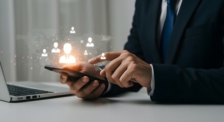 Business Man Using Smartphone with Network Connection and World Map Overlay