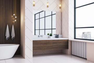 Modern minimalist bathroom interior with large mirror and city view through wide windows in luxury apartment loft style. 3D Rendering