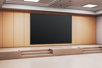 Modern indoor stage with blank black wall display in clean conference room interior for mockup presentations and promotional design concepts. 3D Rendering