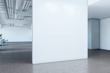 Empty white wall in modern corporate office interior with clean design and dark wooden floor, perfect for branding or poster mockup display. 3D Rendering
