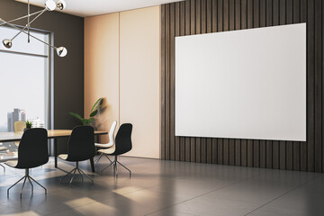 Modern office dining room with large blank canvas on wooden wall for mockup or presentation display in contemporary city interior space setting. 3D Rendering