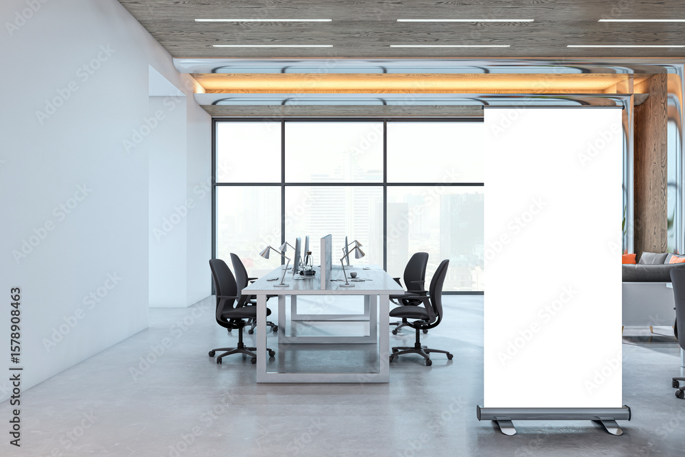 Poster modern open office interior with empty desks and blank roll up banner mockup near large windows in b