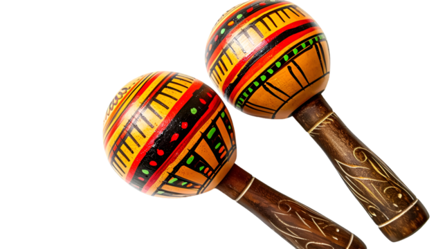 Two colorful maracas with intricate designs on a transparent background in a close up shot studio setting