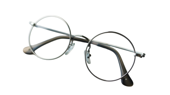 Close up shot of round silver framed glasses with clear lenses on a transparent background studio shot