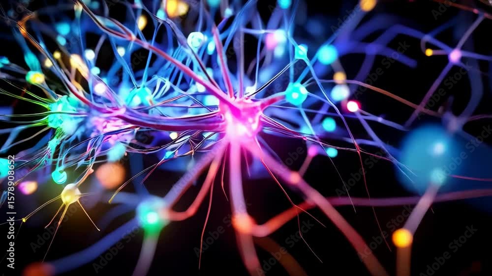 Poster abstract illustration of neuron cells with colorful lights transmitting signals through brain synaps