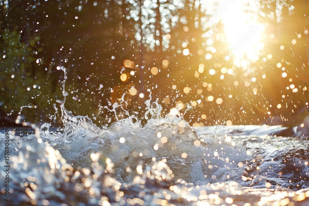 Poster river water splashing with golden sunset light reflecting and creating bokeh