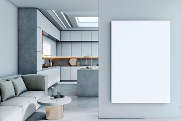 Modern kitchen interior with sleek cabinets, island counter and vertical blank canvas mockup on grey wall in stylish open home space.. 3D Rendering