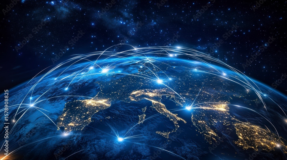 Poster global network connections visualized on a nighttime earth.