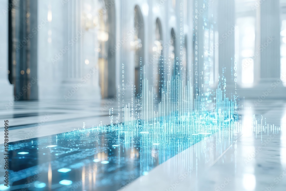 Poster business management digital concept. digital data visualization in a modern architectural space with