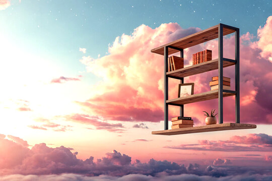 Floating bookshelf at sunset with pastel clouds in dreamy minimalist art
