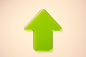 Glossy green upward arrow icon isolated on light gradient background, symbolizing progress or forward movement in a modern infographic concept. 3D Rendering