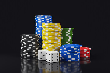 Colorful stacks of casino poker chips and dice on glossy surface with black background for gambling, jackpot, and online game concept design. 3D Rendering