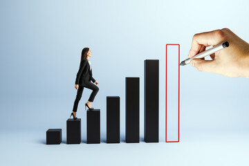 Businesswoman climbing bar graph steps as hand draws final growth column on blue background...